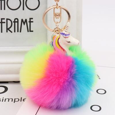 China Popular Multi Alloy Unicorn Key Chain Fur Pom Pom Keychain 2019 Color Faux Rabbit Fur Faux Fur Car Charm Keychain for sale