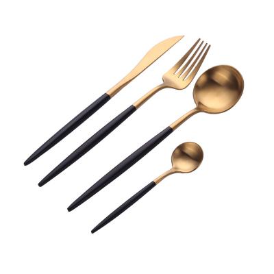 China Stocked Sell Wholesale 304 Stainless Steel Black Western Dinnerware Gold Primary Color Steak Knife Fork And Spoon Set for sale