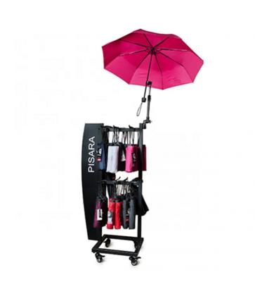 China Advertising Retail Store Floor Umbrella Storage Rack Metal Umbrella Display Stand On Wheels for sale