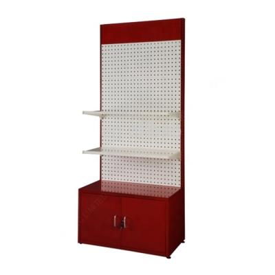 China Floor Free Standing Vertical Rack Tools Pegboard Display Rack Metallic Metal With Storage Cabinet for sale