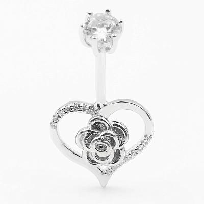 China 2021 New 925 Sterling Silver Elegant Charm Female Wholesale Flower Spell Jewelry Rose Sexy Diamond Heart Shape Navel Ring for sale