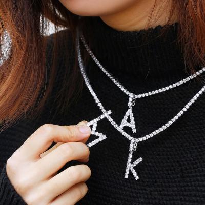 China Stainless Steel Hiphop Crystal Personality Diamond Name Letter Initial Necklace Gold Plated Initial Dangle Chain Letter Necklace for sale