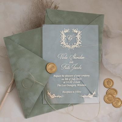 China Custom Printed Europe 5*7 Inches Clear Acrylic Wedding Invitations With Velvet Envelope And Wax Seal for sale