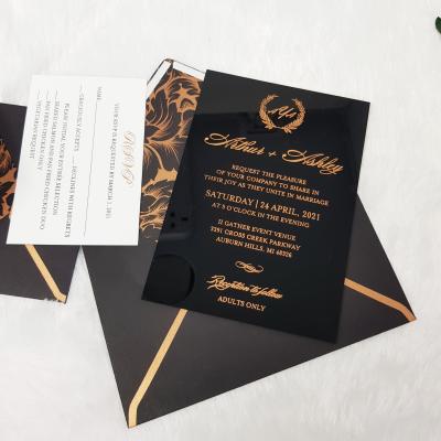 China Custom Made Invitations Name Card Luxury Black Acrylic Wedding Card Of Europe With Envelope for sale