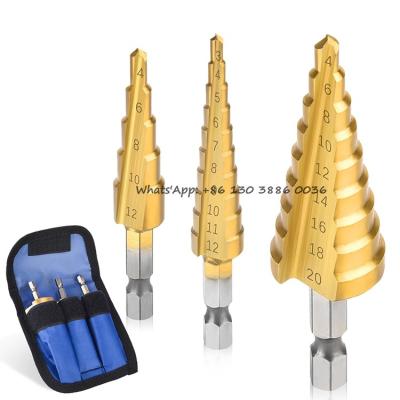 China 3 Piece Step Drill Bit Titanium Wood High Speed ​​Steel Titanium Cone Drill Hex Coated Leg For Metal for sale