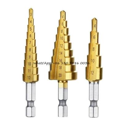 China Hss Wood Hexagon Leg 3 Pcs Set Cone Step Drill Bits Cobalt Titanium Coated 3-12mm 4-12mm 4-20mm Step Drill For Stainless Steel for sale