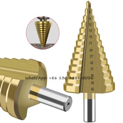 China Wood Factory Direct 4-42mm Hex Shank Titanium Coated Cutting Tools Pagoda Step Drill Bits Reamer Taper Bit Wood Drilling Set for sale