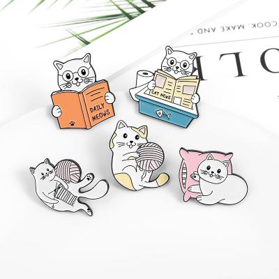 China Wholesale Enamel Pin Cat Reading Brooch Kitten Thread Pin Student Cartoon Kitten Anti Slip Corsage Cute Buckle Nickel Free for sale