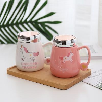 China Viable Creative White Pink Mirror Cover Ceramic Unicorn Office Worker Milk Water Office Worker Zogift Coffee Mug for sale