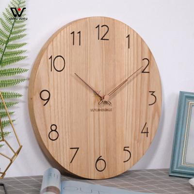 China 2021 Europe Fashion Simplicity Brown Wooden Round Mechanical Wall Clock Laser Customized LOGO Clock for sale