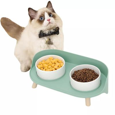 China Wholesale Custom Non-automatic Non Slip Dog Bowl Non Tangled Elevated Ceramic Pet Bowl With Wooden Stand for sale