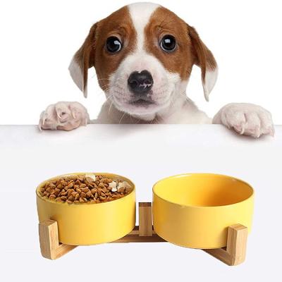 China Mydays Outdoor Sustainable High Quality Luxury Eco-Friendly Ceramic Dog Cat Double Food Water Feeding Elevated Bowl With Wooden Stand for sale