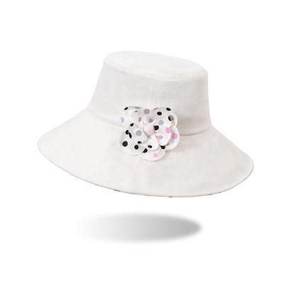 China Wholesale Price Women Lady Sun Hat With Wide Brim Sunshade Women Wide Flower Woven Polyester Bucket Hats White Bucket Hats for sale