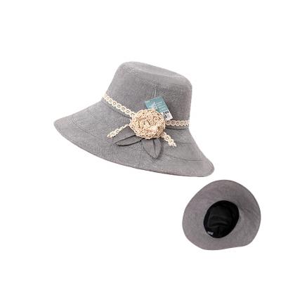 China Lady Sun Hat With Gray Polyester Bucket Brim Hat Wholesale Price Women Wide Flower Woven Sunshade Hats for sale