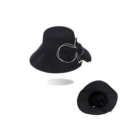 China Wholesale Price Women Lady Sun Hat With Wide Bow Woven Polyester Bucket Hats Sunshade Wholesale Price Women's Black Bucket Hats for sale