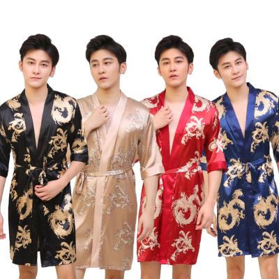 China QUICK DRY loose loose men's satin robe printed dragon nightgown for men mens lounge wear sleep use soft silk pajamas bathrobe kimono for sale