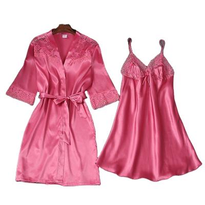 China Soft Hand Feeling Summer QUICK DRY 2 Piece Set Women Nightgown Silk Satin Lace Trimming See Through Sleep Robe Bridesmaid Robe Set for sale