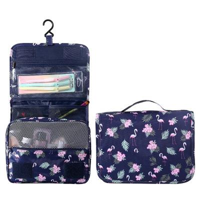 China Custom Factory Fashion Large Logo Foldable Cosmetic Organizer 600D Travel Toiletry Hanging Bag Polyester for sale