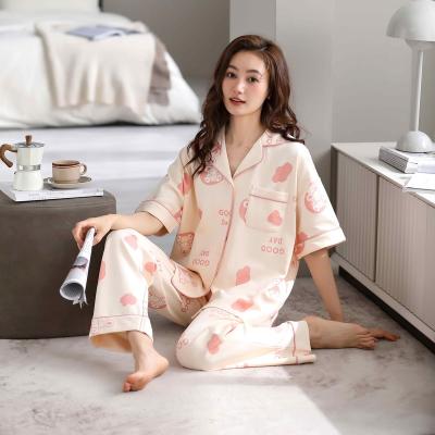 China Breathable High Quality 2 Piece Set Homewear Home Sleep Pajamas For Women Short Sleeves Summer Pink Bamboo Green Cotton Men OEM Blue Spring for sale