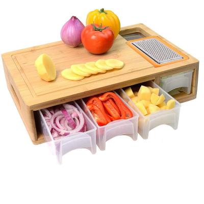 China Viable Simple Modern Design with 4 Slicers and 4 Draws Trays and Lids Bamboo Cutting Board Multifunctional for sale