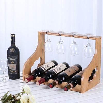 China Sustainable Natural Bamboo Wooden 4 Bottle Rack and 4 Rack Display Wine Storage Drying Glasses with Handle for sale