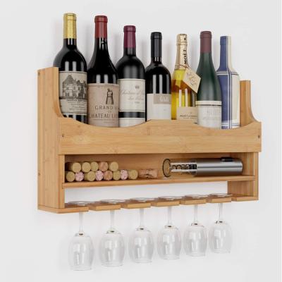 China Sustainable Bamboo Wooden Wall Wine Rack With Wine Glass Holders Hanging Stemware Glasses Set And Wine Cork Storage for sale