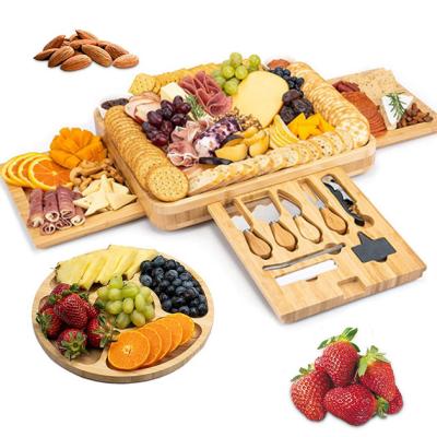 China Latest Viable Design Fancy Wooden Cheese Serving Tray With Knife Set Multifunctional Bamboo Cheese Dish With Wine Opener for sale