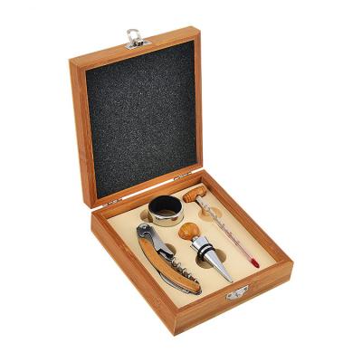 China Hotsale Wooden Box 4pcs Wine Tools Accessories Opener Disposable Bamboo Corkscrew Fashionable Wine Corkscrew Kit Gift Set for sale