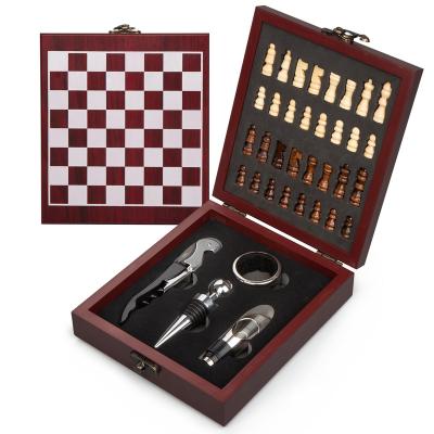 China 2022 New-design Disposable Muti-function Fashionable Luxury Checkerboard 4 in 1 Wooden Red Wine Opener Kit Tool Kit Gift Set Present for sale