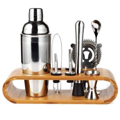 China Viable Custom Cocktail Shaker Set Logo Stainless Steel Bartender Kit Bar Accessories Jigger Drink Mixer Barware Tools Bamboo Stand for sale