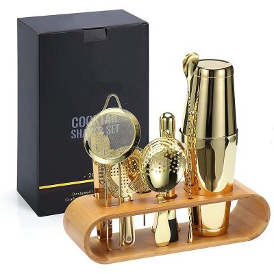 China Sustainable Upgraded Bar Set Tools Bamboo Bartender Kit Bar Accessories Jigger Cocktail Shaker Gift Stand Stainless Steel Set for sale