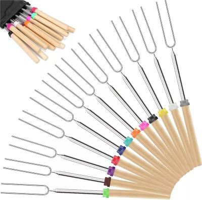 China 304 Stainless Steel Easily Cleaned High Quality Outdoor Retractable BBQ Forks With Bamboo Handle Kids Roasting Skewers BBQ Grill Stick for sale