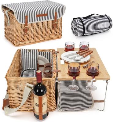 China Traditional Picnic 4 Person Bamboo Vine Basket Kit with Cover for Camper and Outdoor Party Portable Bamboo Wine Snack Table Basket Set for sale