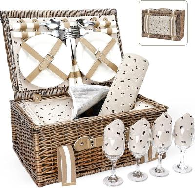 China Viable Picnic 4 Person Bamboo Vine Basket Kit with Covering Tableware Set for Outdoor Picnic Event Picnic Basket Set with Cooler Bag for sale