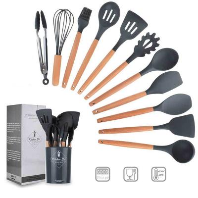 China Viable Wholesale Private Label Cooking 11 Piece Non Conina Stick Silicone Heat Resistant Wooden Kitchen Utensils for sale