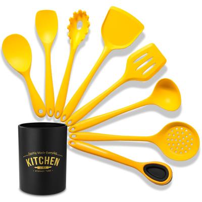 China 10 Pcs Food Grade Utensils Sustainable Supplier Yellow Silicone Set Kitchen Utensils Set With Storage Bucket for sale