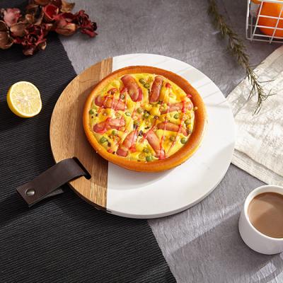 China Sustainable Wholesale Cutting Board Cheese Board Round Wooden Half Marble Cheese Board With Leather Rope for sale