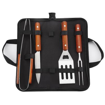 China Easily Cleaned Outdoor Stainless Steel 4 Pcs Portable Camping Wood Handles Barbecue Tool Kit for sale