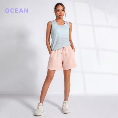 China Low MOQ Women Sportswear Cotton Jacquard Drawstring Gym QUICK DRY Loose Waisted Running Shorts With Pockets for sale