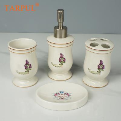 China Lavender Style Single Sustainable Tarpul Ceramic Glazed 4 Pcs Bathroom Accessories Set Bath Sets for sale