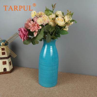 China Home Decoration Simple Bright Blue Horizontal Striped Tarpul Style Ceramic Vase for sale