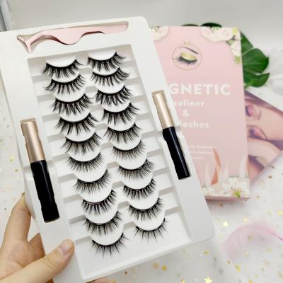 China Private Label 5 Thick Powerful Magnets Mink Silk Strip False Eye Lashes 3 Pair Magnetic Eyeliner Lashes Set Magnetic Eyelashes for sale