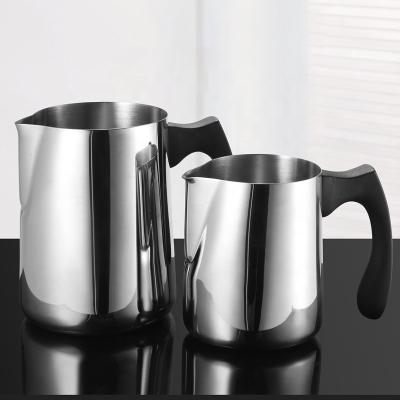 China Viable Custom Made Stainless Steel Latte Milk Jug Frothing Pitcher Pull Flower Cup Coffee With Plastic Handle for sale