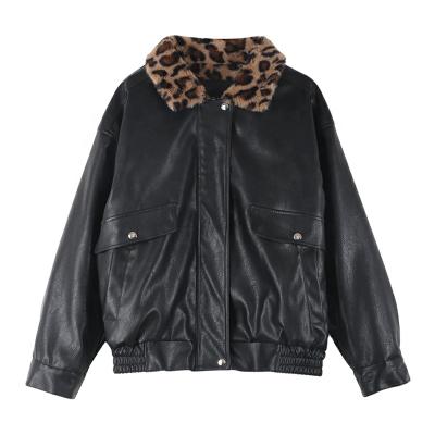 China Sale Designer Vintage Style Leopard Print Leather Jacket Coat Waterproof Warm Casual Winter Jacket Woman for sale