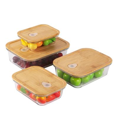 China Freshness Preservation Wholesale Microwavable Borosilicate Clear Square Food Container With Lid Glass Wooden Bamboo Container for sale