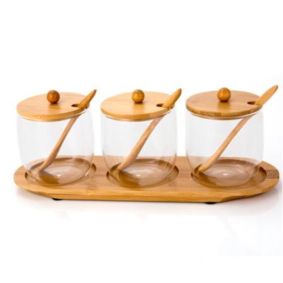 China Hot Selling Bamboo Glass Lid And Spoon Kitchen Spice Canister for sale