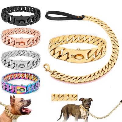 China Gold Stocked Dog Collar Big Dog Chains Pet Hip Hop Leads Kit Collars Choke Cuban Collar Leash Bully Link Dog Chain Collar for sale