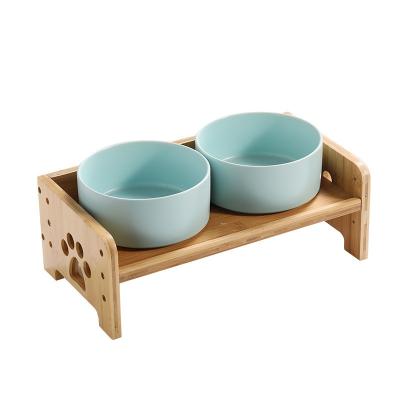 China Automatic Multi Colors Wood Frame Ceramic Pet Cat Dog Bowl Raised Dog Food Water Bowl Puppy Dog Ceramic Bowl for sale