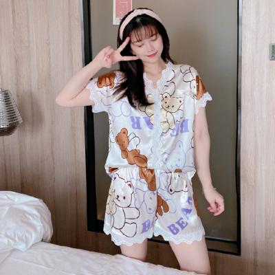 China Factory direct supply QUICK DRY lace bear ladies short sleeve silk pajamas for sale