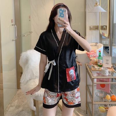 China Factory direct supply QUICK DRY wholesale black v-neck ladies short sleeve silk pajamas for sale